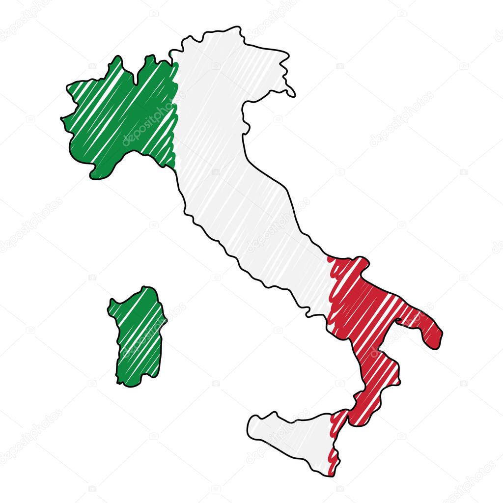 Italy map hand drawn sketch. Vector concept illustration flag, childrens drawing, scribble map. Country map for infographic, brochures and presentations isolated on white background. Vector