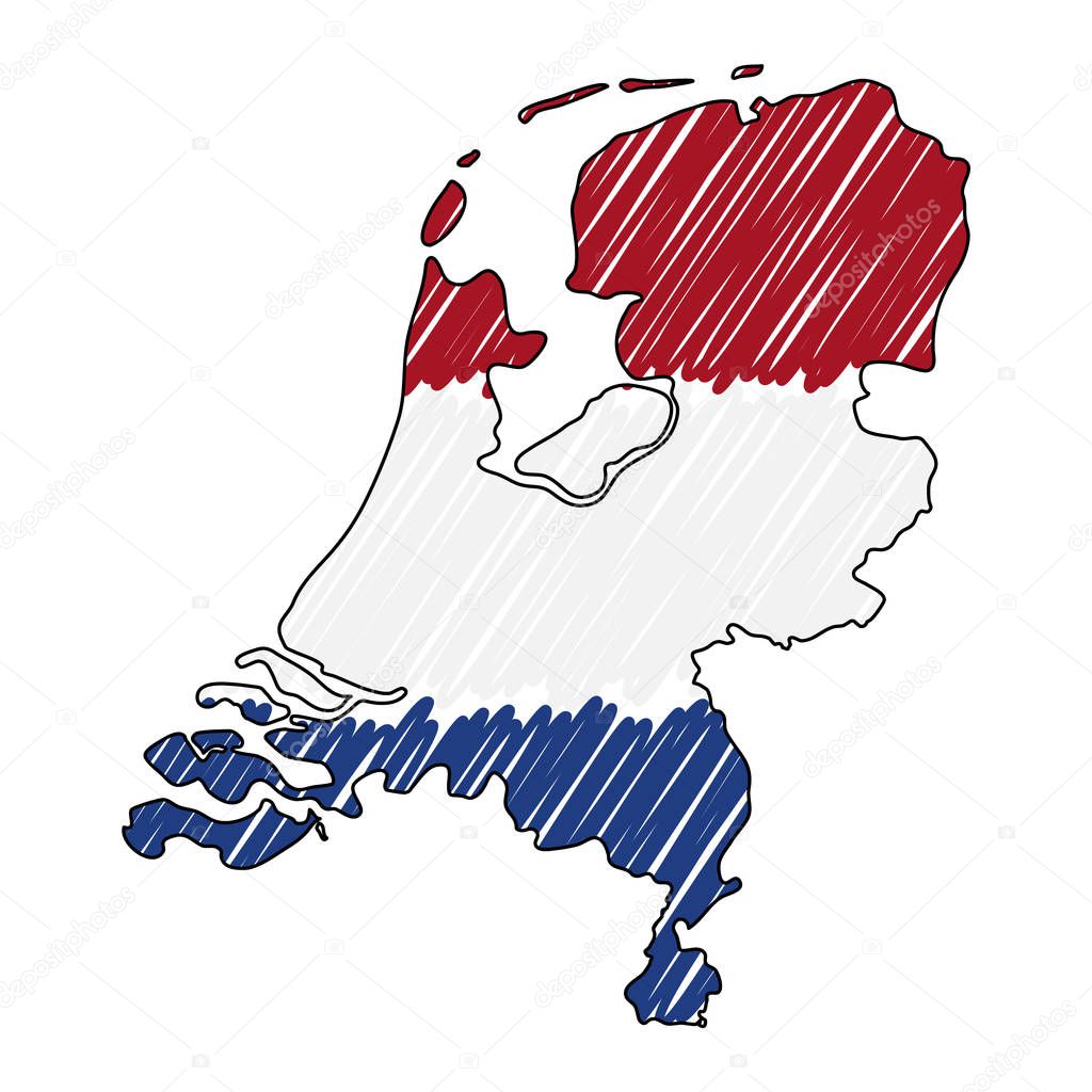 Netherlands map hand drawn sketch. Vector concept illustration flag, childrens drawing, scribble map. Country map for infographic, brochures and presentations isolated on white background. Vector