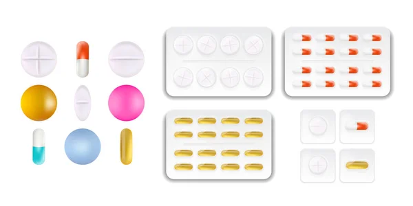 Collection de comprimés ovales, ronds et en forme de gélule. Médecine et drogues. Pilules médicales réalistes isolées sur fond blanc. Illustration vectorielle . — Image vectorielle