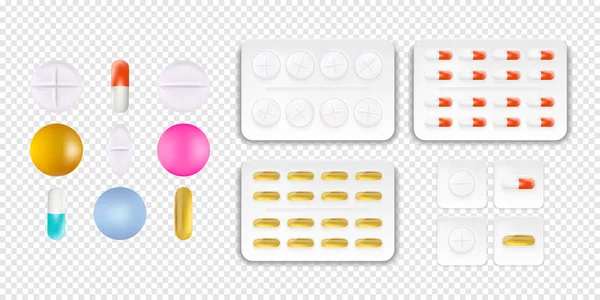 Raccolta di compresse ovali, rotonde e a forma di capsula. Medicina e farmaci. Pillole mediche realistiche isolate su sfondo trasparente. Illustrazione vettoriale . — Vettoriale Stock
