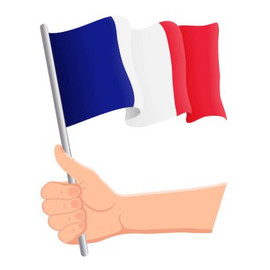 Fransa'nın ulusal bayrağını el ele tutuşup sallıyor. Hayranlar, bağımsızlık günü, vatansever lik anlayışı. Vektör çizimi
