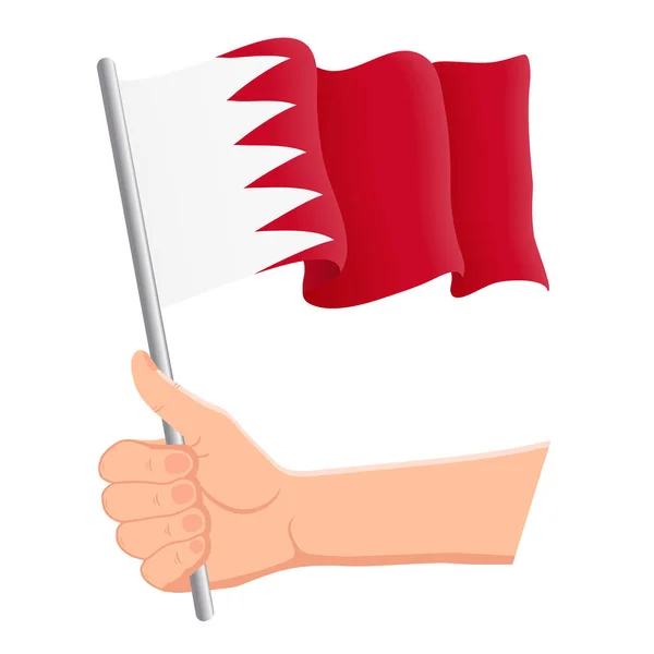 Hand holding and waving the national flag of Bahrain. Fans, independence day, patriotic concept. Vector illustration — Stock Vector