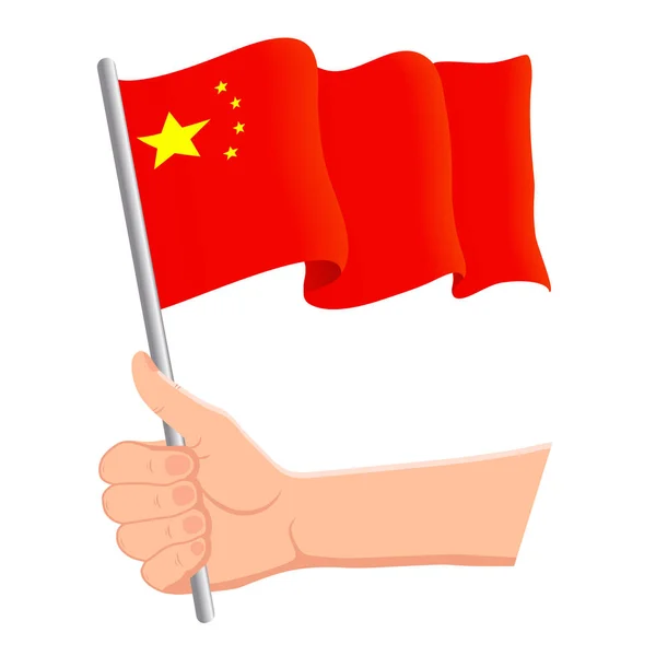 Main tenant et agitant le drapeau national de la Chine. Eventails, fête de l'indépendance, concept patriotique. Illustration vectorielle — Image vectorielle
