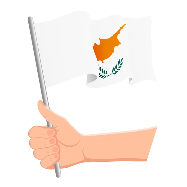 キプロスの国旗を手に持って手を振る。ファン、独立記念日、愛国的な概念。ベクトルイラスト — ストックベクタ