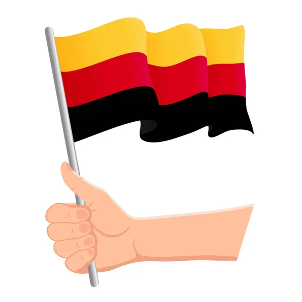 Händchen haltend und die deutsche Nationalflagge schwenkend. Fans, Unabhängigkeitstag, patriotisches Konzept. Vektorillustration — Stockvektor