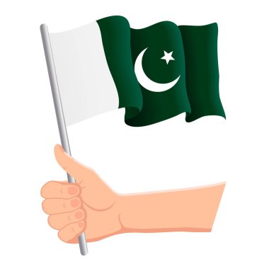Pakistan'ın ulusal bayrağını el ele tutuşup sallıyor. Hayranlar, bağımsızlık günü, vatansever lik anlayışı. Vektör çizimi