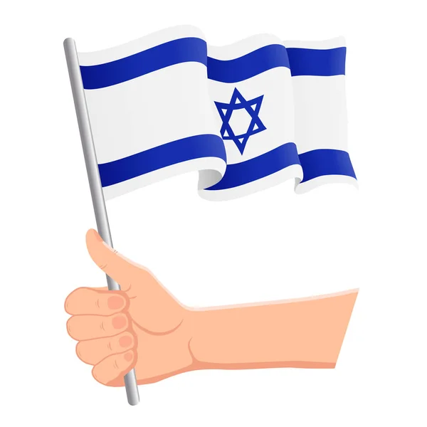 Ruka drží a mává izraelský národní praporek. Fanoušci, Den nezávislosti, Vlastenecká představa. Vektorová ilustrace — Stockový vektor