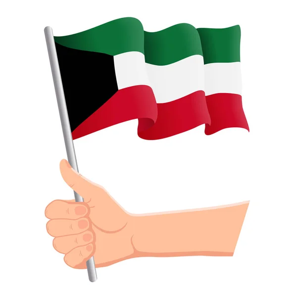 Hand haltend und die Nationalflagge Kuwaits schwenkend. Fans, Unabhängigkeitstag, patriotisches Konzept. Vektorillustration — Stockvektor