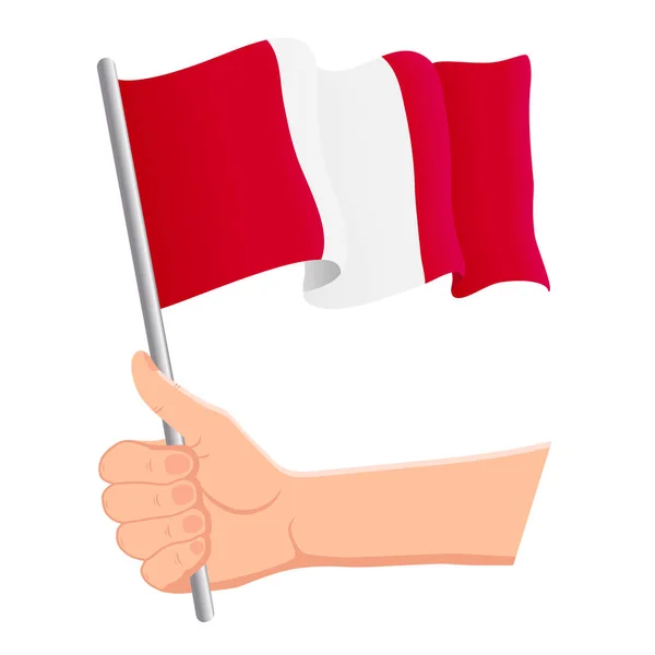 Tenendo la mano e sventolando la bandiera nazionale del Perù. Ventilatori, giorno dell'indipendenza, concetto patriottico. Illustrazione vettoriale — Vettoriale Stock