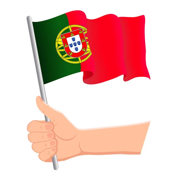 Hand haltend und die portugiesische Nationalflagge schwenkend. Fans, Unabhängigkeitstag, patriotisches Konzept. Vektorillustration — Stockvektor