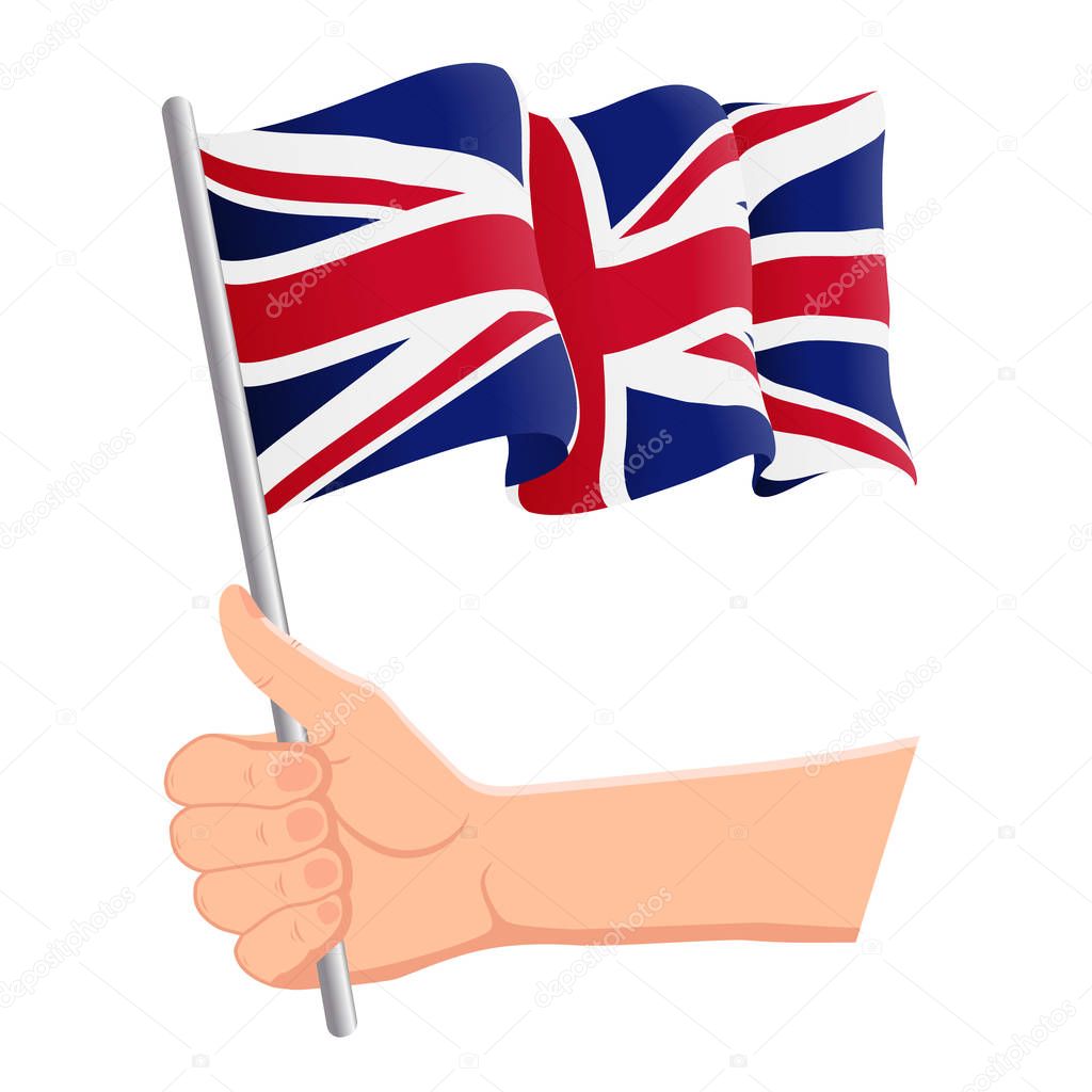 Hand holding and waving the national flag of United Kingdom. Fans, independence day, patriotic concept. Vector illustration