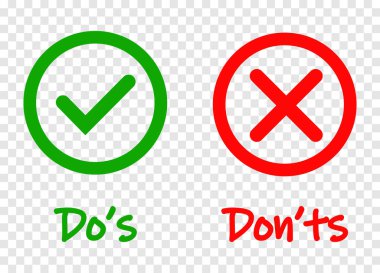 Do ve Dont, saydam arka planda yalıtılmış onay işaretini ve kırmızı çapraz simgeleri denetleyin. Vektör Do s ve Don ts kontrol listesi veya seçim seçeneği sembolleri daire çerçevesinde