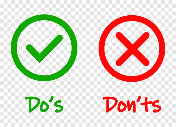 Do ve Dont, saydam arka planda yalıtılmış onay işaretini ve kırmızı çapraz simgeleri denetleyin. Vektör Do s ve Don ts kontrol listesi veya seçim seçeneği sembolleri daire çerçevesinde
