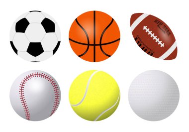 Gerçekçi spor topları vektör büyük set beyaz arka plan üzerinde izole. Golf ve beyzbol, futbol oyunu ve tenis İllüstrasyon