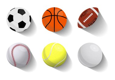 Uçan spor topları simgeleri basketbol, futbol, amerikan futbolu, beyzbol, tenis, golf renkli vektör seti. Düz stil.