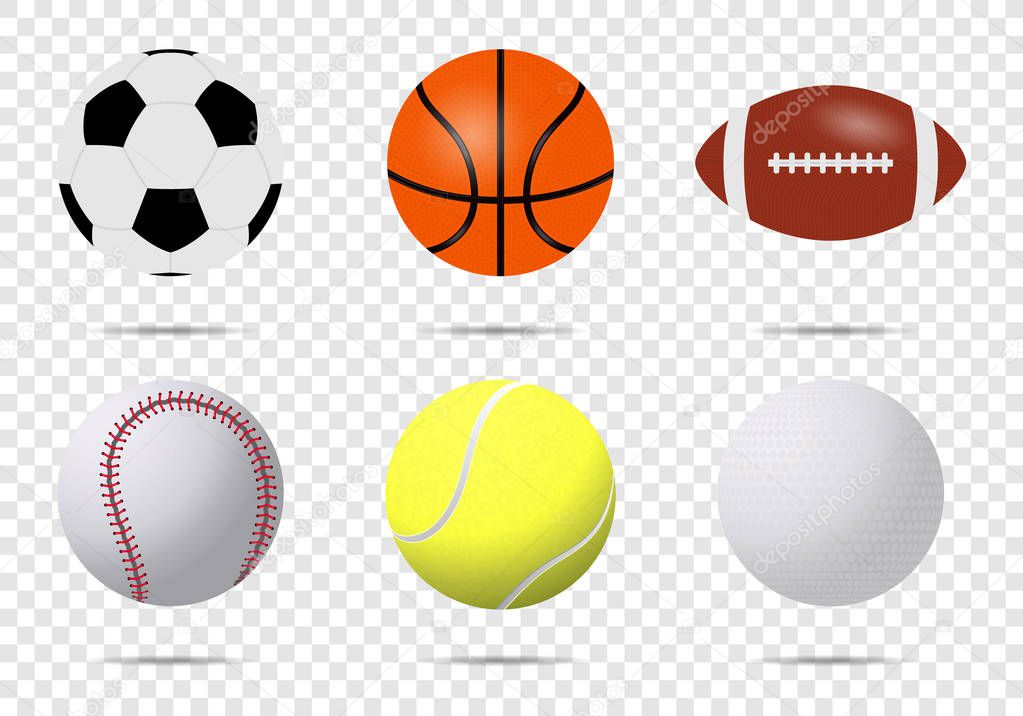 Realistic sports balls vector big set isolated on transparent background. Illustration of golf and baseball, football game and tennis