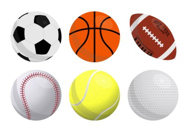 Spor topları simgeleri renkli vektör seti: basketbol, futbol, amerikan futbolu, beyzbol, tenis, golf. Düz stil.