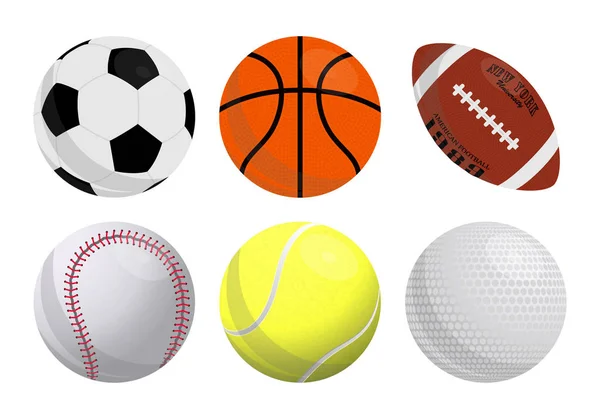 Kolorowe wektor zestaw ikon piłki sportowe: koszykówka, piłka nożna, futbol amerykański, baseball, tenis, Golf. Płaski styl. — Wektor stockowy