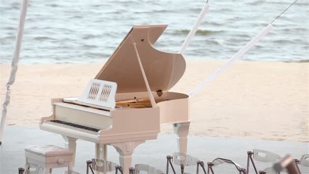 Grand piano op de achtergrond van de zee, de witte vleugel staand op het strand, de huwelijksceremonie op het strand, concept — Stockvideo