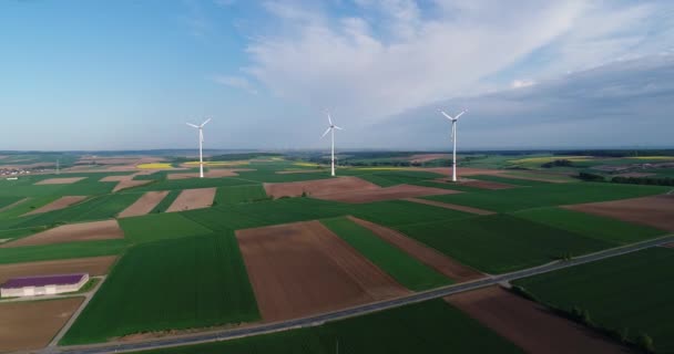 Повітряні панорами сільськогосподарських полів і вітрогенераторів, що виробляють електроенергію. Сучасні технології отримання альтернативної енергії вітру. Вид з повітря — стокове відео
