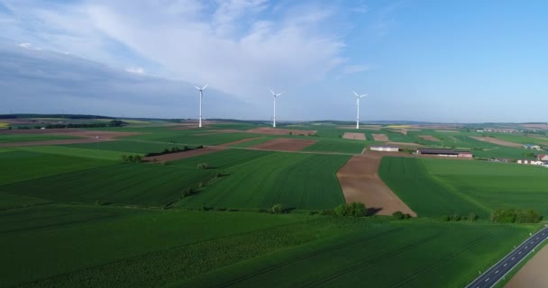 Panoramy powietrzne pól uprawnych i generatorów wiatrowych produkujących energię elektryczną. Nowoczesne technologie pozyskiwania alternatywnej energii wiatrowej. Widok z lotu ptaka — Wideo stockowe