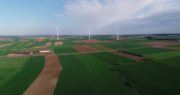 Panoramy powietrzne pól uprawnych i generatorów wiatrowych produkujących energię elektryczną. Nowoczesne technologie pozyskiwania alternatywnej energii wiatrowej. Widok z lotu ptaka — Wideo stockowe