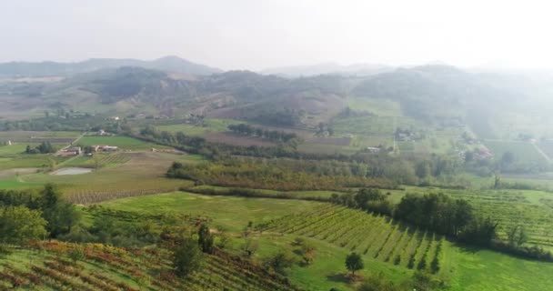 Viñedo en las colinas, la pintoresca naturaleza de Italia, las casas están en el campo, la vista superior de una pequeña ciudad de pie sobre las colinas — Vídeos de Stock