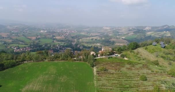 Vigneti su una collina in Italia, Casa su una collina tra vigneti, filari di vigneti su una collina, Aereo, Cottage — Video Stock