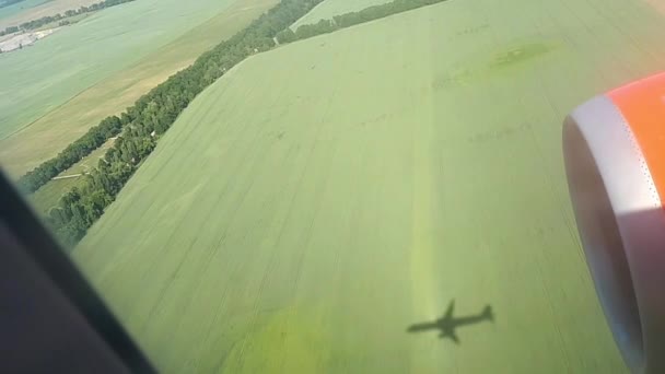 เงาของเครื่องบินที่บินอยู่บนพื้นดินในวันที่แดด มุมมองจากหน้าต่างเครื่องบิน เงาของเครื่องบิน เที่ยวบินเหนือสนามและป่า ขณะลงจอดที่สนามบิน — วีดีโอสต็อก