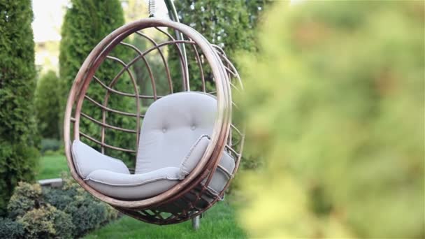 Vista de un césped verde y mimbre sillas de ratán-conchas para relajarse, hotel, silla de asiento de banco colgante en el diseño de la cesta en el campo de hierba verde, silla de ratán en el césped — Vídeo de stock