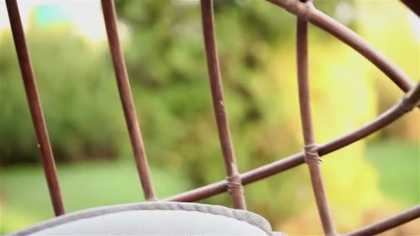 Weergave van een groen gazon en rieten rotan stoelen-shells voor ontspannen, hotel, opknoping bank stoel stoel in mand design op het groene grasveld, rotan stoel op het gazon — Stockvideo