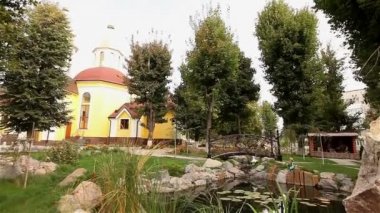 Küçük Gölet bir park, dekoratif gölet, bir su birikintisi üzerinde süs köprü nilüferler arka planda, yapay gölet tasarım su