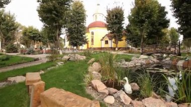 Küçük Gölet bir park, dekoratif gölet, bir su birikintisi üzerinde süs köprü nilüferler arka plan, yapay gölet tasarım, dekorasyon, ördek suda.
