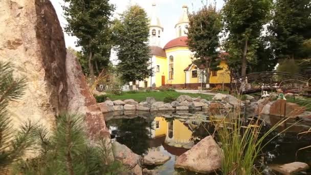 Un pequeño estanque en un parque, estanque decorativo, puente ornamental sobre un estanque, nenúfares en el agua, en el fondo, diseño artificial del estanque — Vídeos de Stock