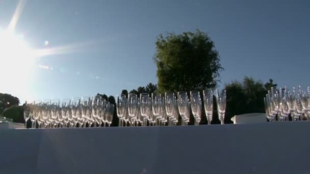Mnoho prázdných sklenic na šampaňské odlesky na slunci — Stock video