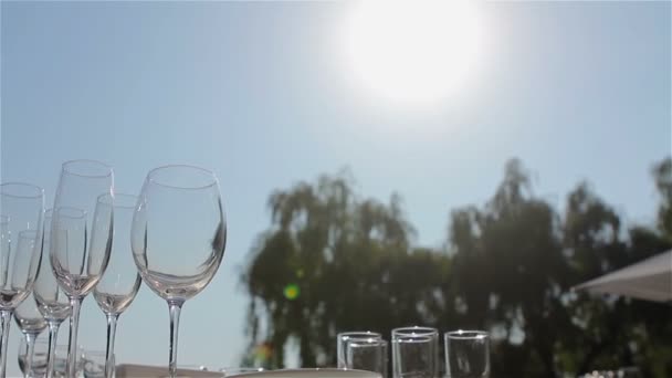 Muchas copas vacías para el resplandor de champán en el sol — Vídeo de stock