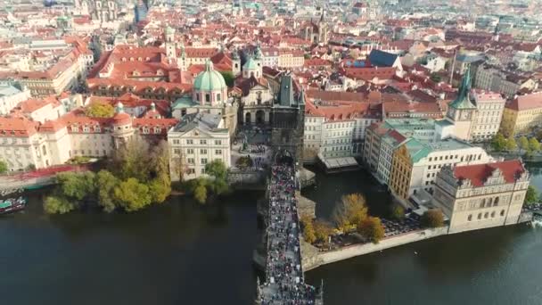 Πανοραμική θέα από ψηλά την πόλη της Πράγας και τη γέφυρα του Καρόλου, τουρίστες από την γέφυρα του Καρόλου, στον ποταμό Μολδάβα, πτήση πάνω από τη γέφυρα του Καρόλου — Αρχείο Βίντεο