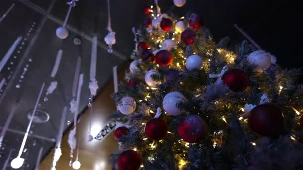 クリスマス ツリー装飾品 赤いりんごに掛かっているクリスマス ツリー クリスマス ツリー カメラの移動 フィールドの浅い深さの装飾のドリー表示 下からアップで — ストック動画