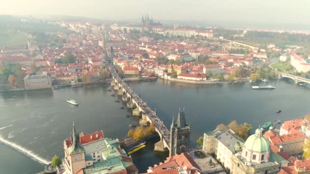 Panoramic View City Prague Charles Bridge Tourists Charles Bridge Flying — Stock Video
