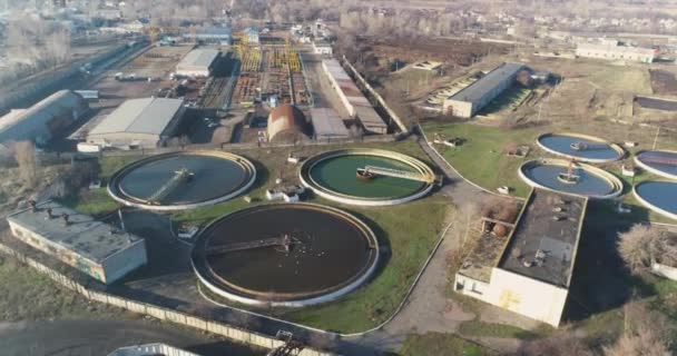 Aerial view of sewage treatment. Industrial water treatment. Flight over water treatment facilities — Stock Video