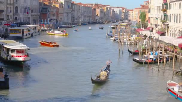 Wenecja, gondolier pływa po wielkim kanale. Główny kanał Wenecji, gondola w kanale weneckim — Wideo stockowe