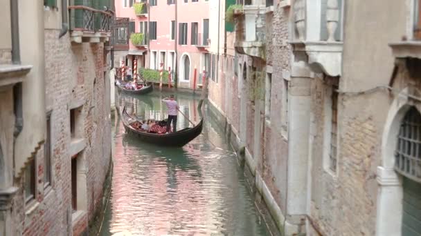Egy gondolás egy csoport turistát visz a velencei csatornába. Gondola egy gyönyörű velencei csatornában. Színes házak tükröződnek a vízben — Stock videók