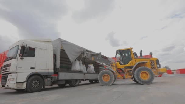 Een bulldozer laadt zakken uit in een vrachtwagen. Het lossen van goederen uit de truck. Bulldozer laadt goederen uit een auto — Stockvideo