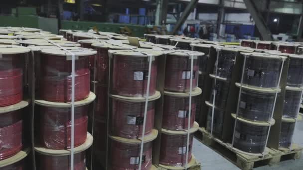 Bobinas con cables en el almacén de la empresa, los productos de cable terminados se colocan cuidadosamente en una fila — Vídeo de stock