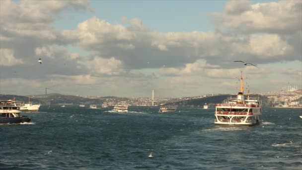 Gyönyörű turistahajó a Bosphorus csatornában. turistahajó a híd hátterében. Isztambul, Törökország — Stock videók