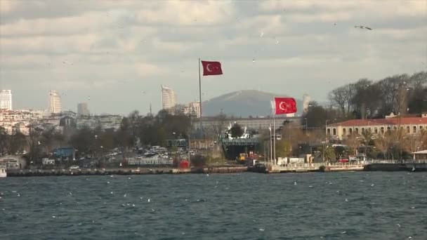 Török zászló lengett a szélben a Boszporusz partjainál. nagy török zászló a Boszporusz partján, Isztambul — Stock videók