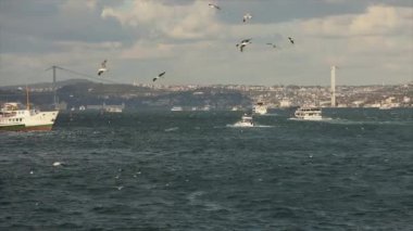 Boğaziçi Köprüsü, ön planda turistler ve martılarla dolu eğlence tekneleri. Boğaz köprüsünün arka planında tekneler, rüzgarlı hava.