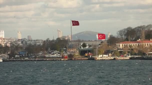 Nagy török zászló a Boszporusz partjainál, Isztambul. Török zászló lengett a szélben a Boszporusz partjainál. — Stock videók