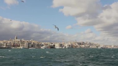 Galata Kulesi 'nin ön planda turistler ve martılarla dolu eğlence teknelerinin çekimi. Galata Kulesi 'nin arka planında tekneler, rüzgarlı hava