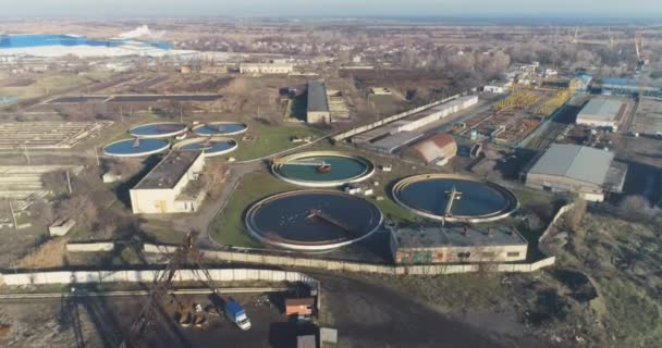 Aerial view of sewage treatment. Industrial water treatment. Flight over water treatment facilities — Stock Video